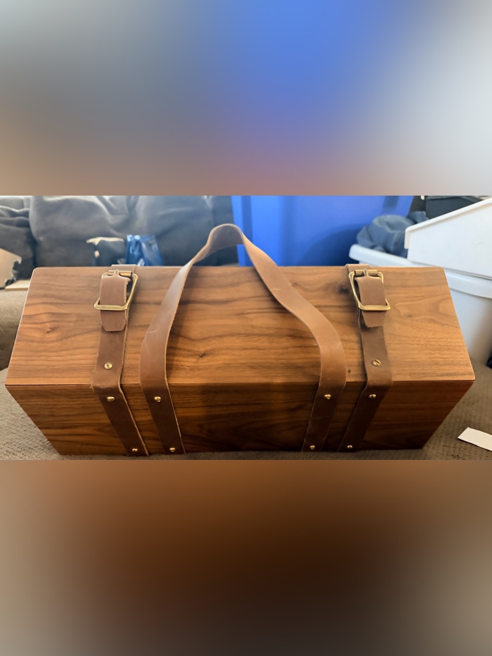 Gorgeous Handcrafted Wood Picnic Basket Set With Leather Straps ONE OF A KIND